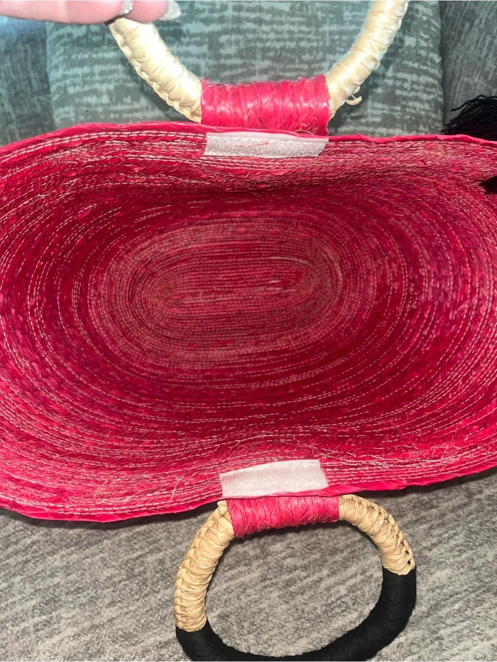 Woven Pink Heart Emblem Tote Bag with Ring Handles - Picture 3 of 4